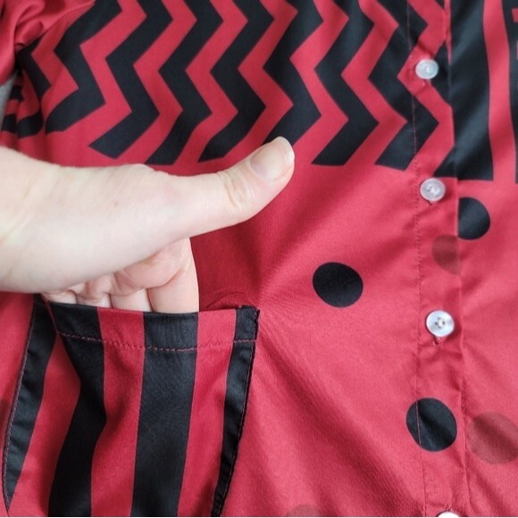 Miss Look Stunning Red with Black Geometric Design Button up Long Sleeve Blouse - Picture 4 of 13